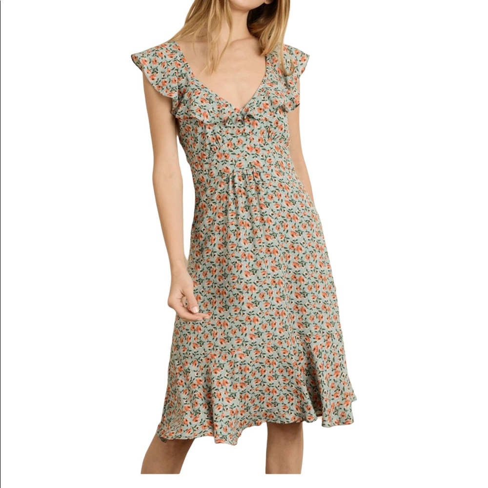 DRESS FORUM Medium Floral Flutter Sleeve Dress Floral Knee Length V-Neck Green